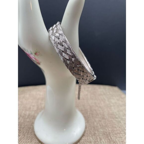 Silver Tone Bangle Cuff Bracelet Woven Basket Pattern Unisex - Picture 1 of 6